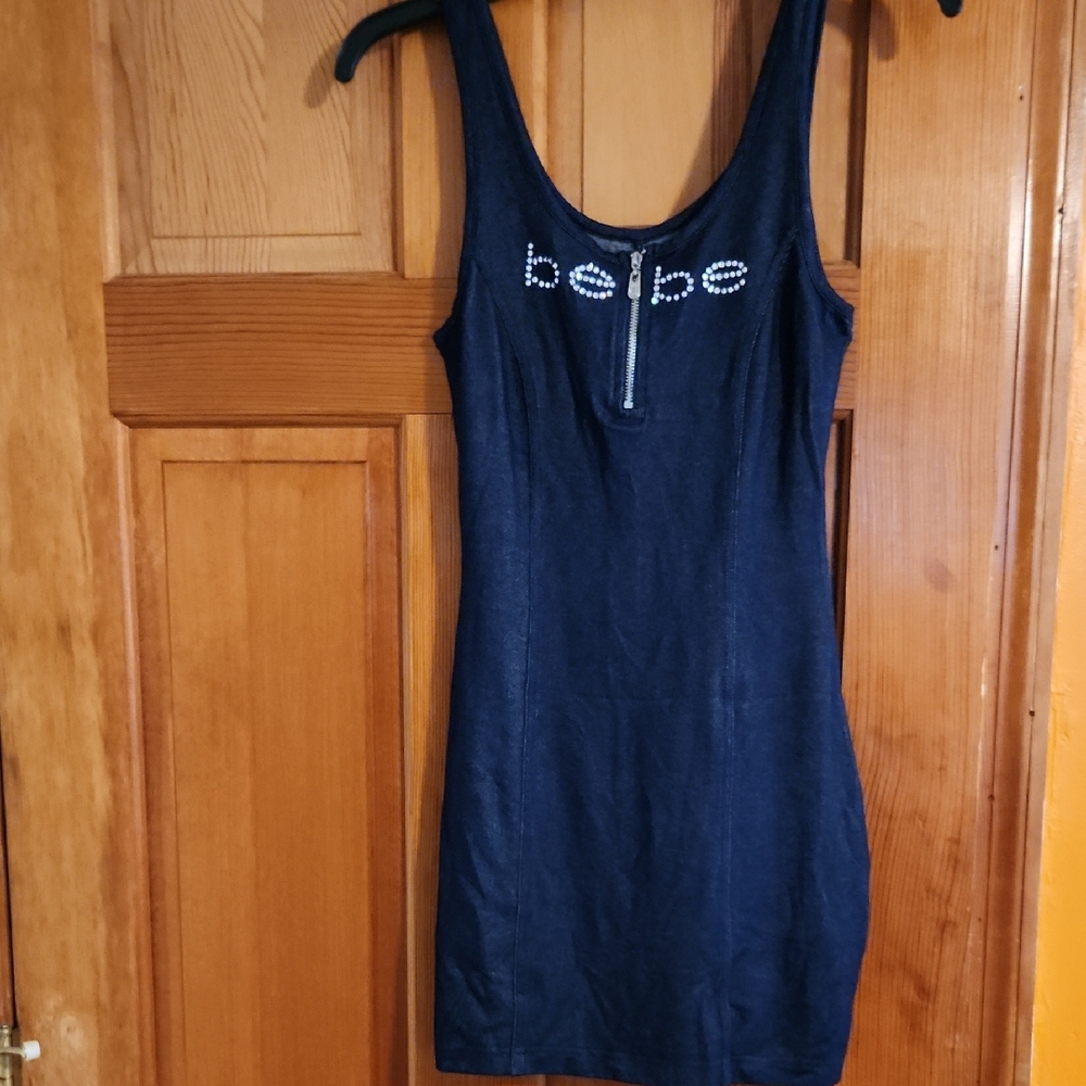 bebe Navy Rhinestone Logo Tank Dress with Front Zipper